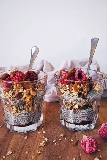 Spiced raspberry and vanilla chia granola parfaits to start the day