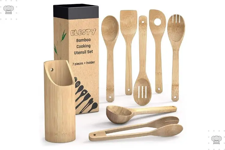 TOPSALE Wooden Kitchen Utensils Set,Wooden Spoons for Cooking Natural Teak Wood Kitchen Spatula Set for Including 7 Pack